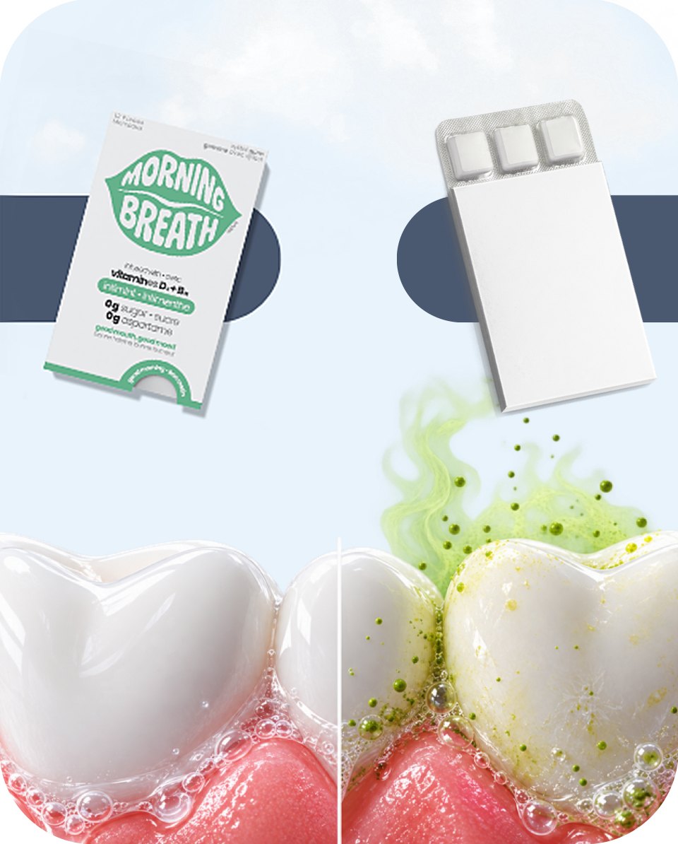 Morning Breath gum next to regular gum, clean teeth beside teeth with bad breath bacteria